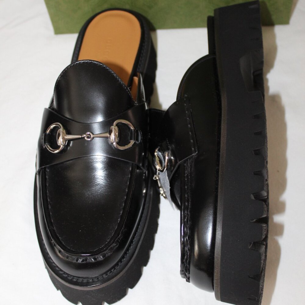 NWB Gucci Horsebit GG Lug Sole Black Leather Flats Mules Slip Ons 764207 - Picture 3 of 10